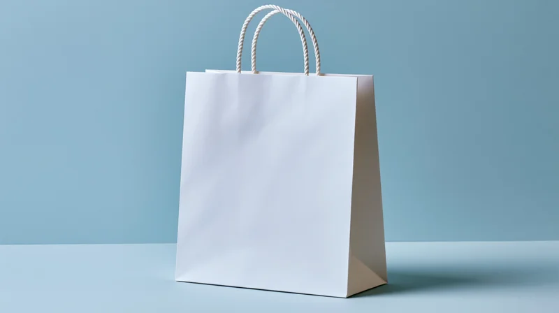 Plain white paper shopping bag with twisted rope handles standing on a light blue surface