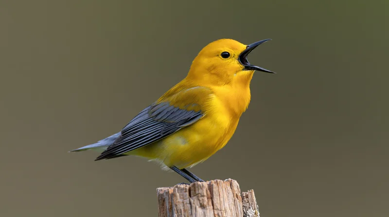 Prothonotary warbler singing perched on a weathered wooden stump