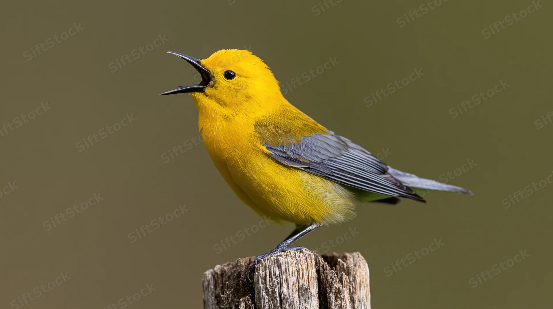 Prothonotary warbler singing perched on a weathered wooden stump