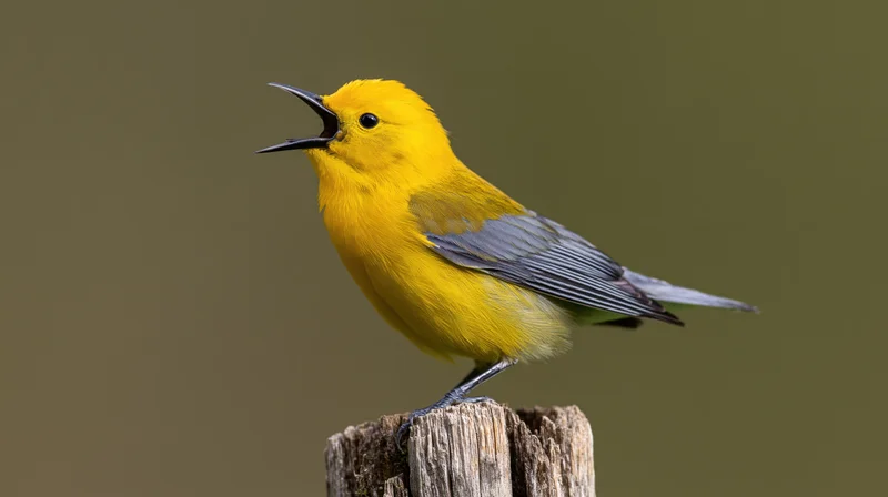 Prothonotary warbler singing perched on a weathered wooden stump