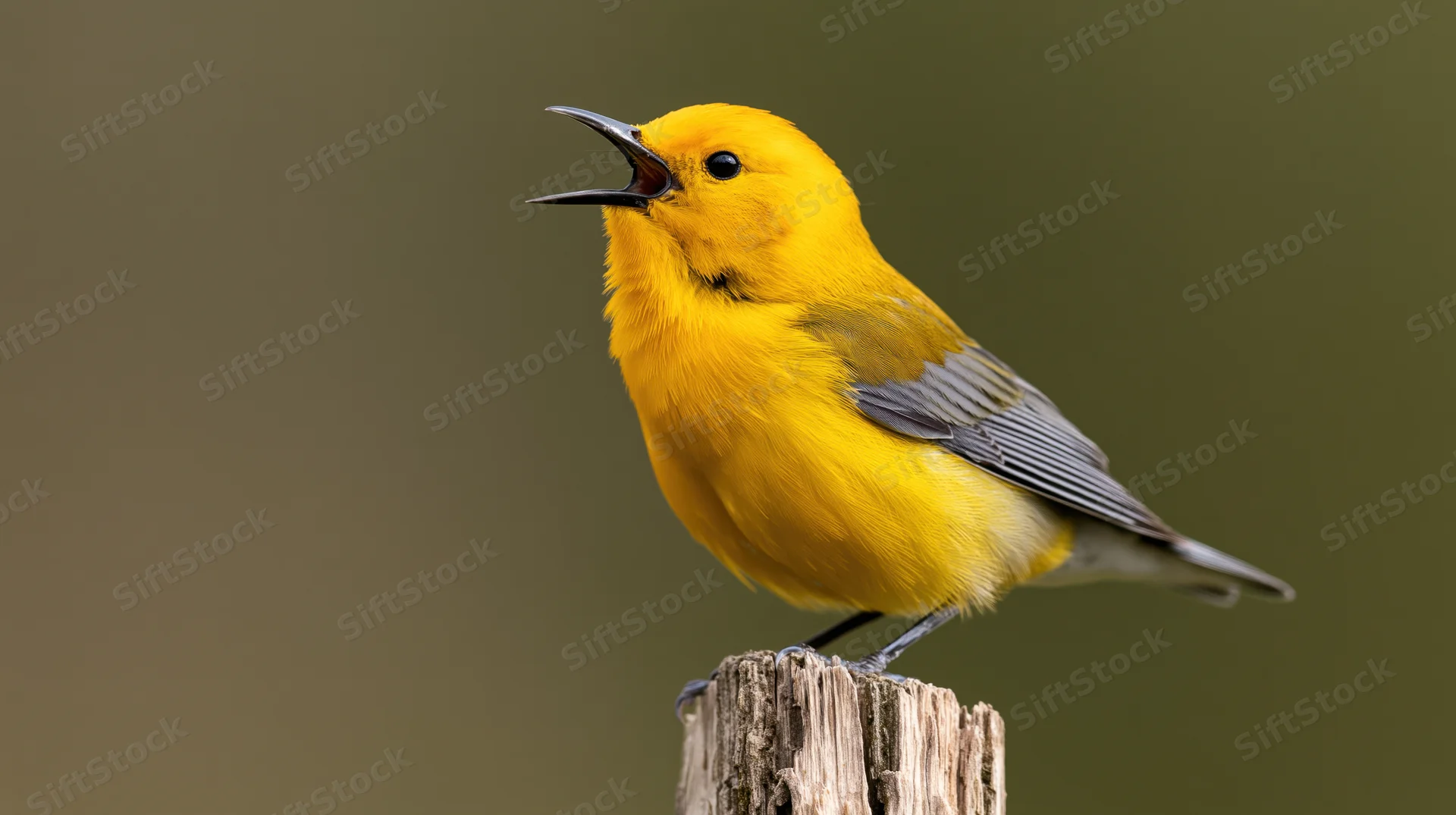 Prothonotary warbler singing perched on a weathered wooden stump