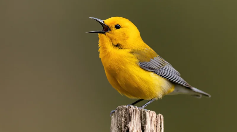 Prothonotary warbler singing perched on a weathered wooden stump