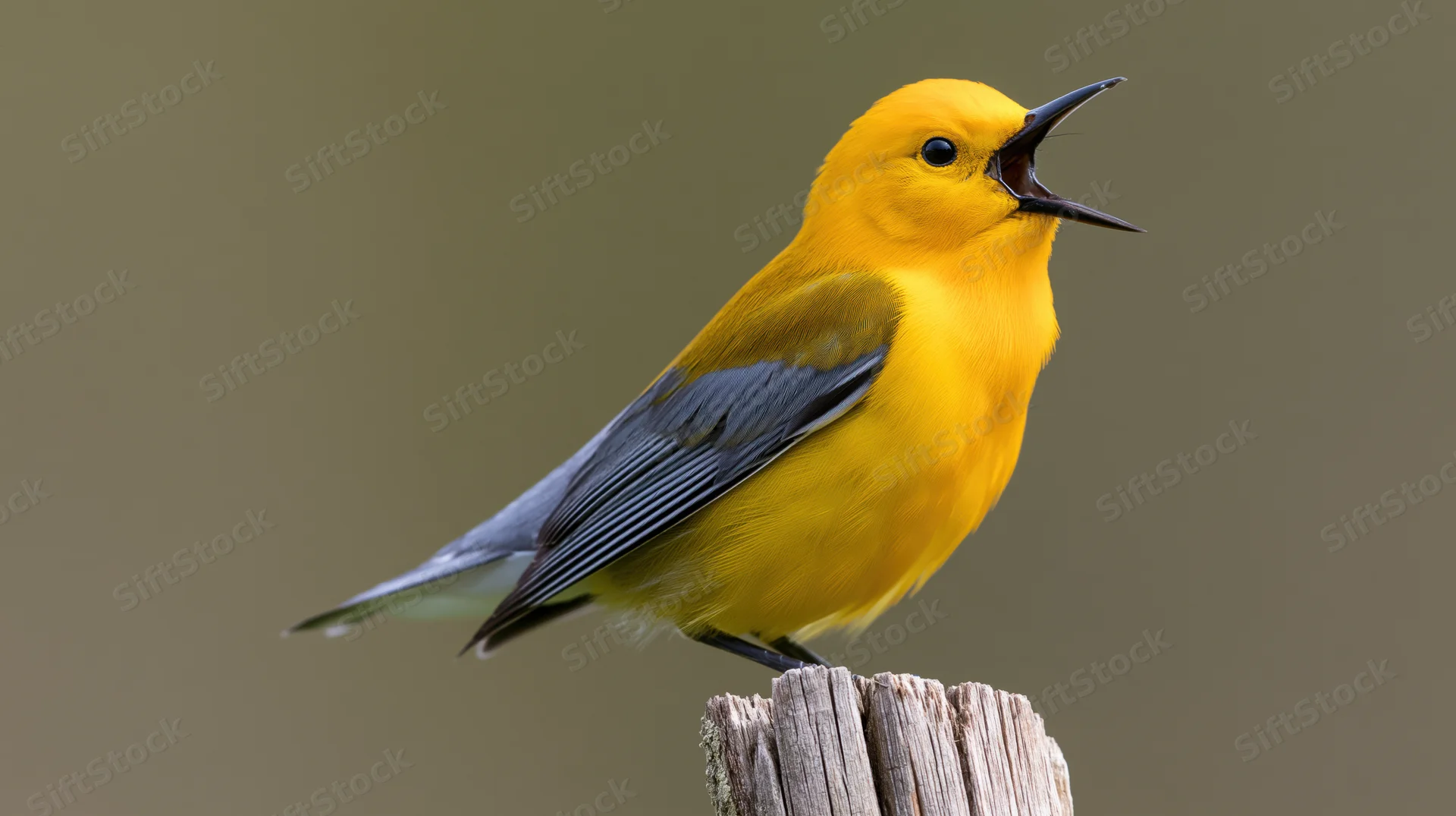 Prothonotary warbler singing perched on a weathered wooden stump