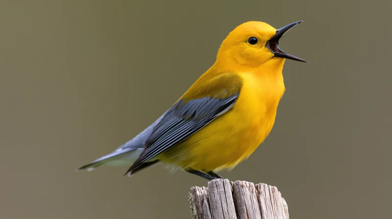 Prothonotary warbler singing perched on a weathered wooden stump