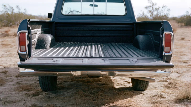 Rear view of a 1970s dark navy pickup truck with an empty bed