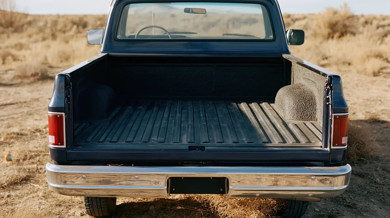 Rear view of a classic navy pickup truck with open tailgate in a dry grassy field