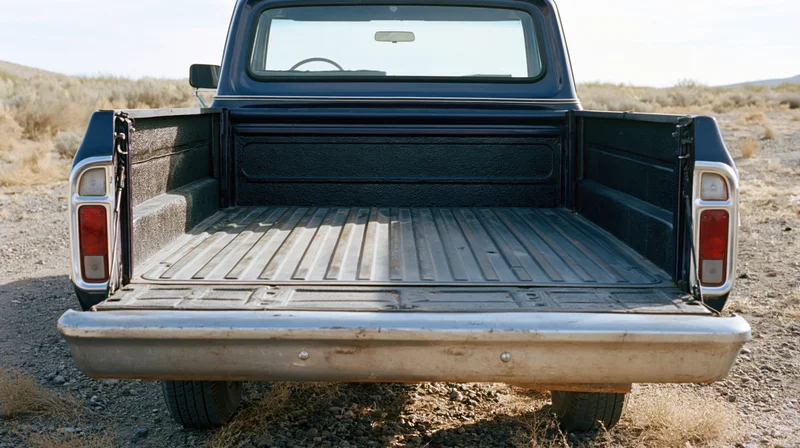 Rear view of a classic navy pickup truck with open tailgate in a desert landscape