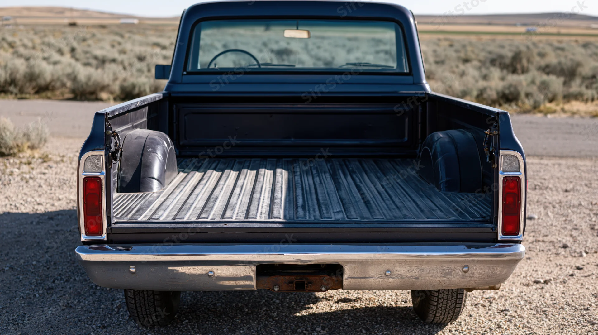 Rear view of a classic navy pickup truck with empty bed parked on gravel road in desert landscape