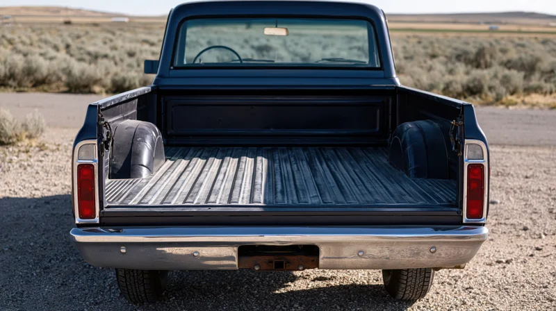 Rear view of a classic navy pickup truck with empty bed parked on gravel road in desert landscape