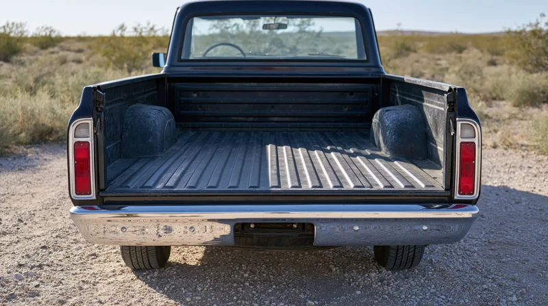 Rear view of a classic dark navy pickup truck with empty bed parked on gravel in desert landscape