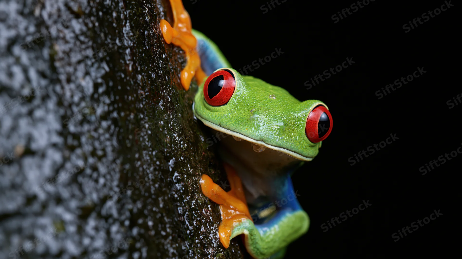 Red-eyed tree frog clinging to wet tree bark in closeup view