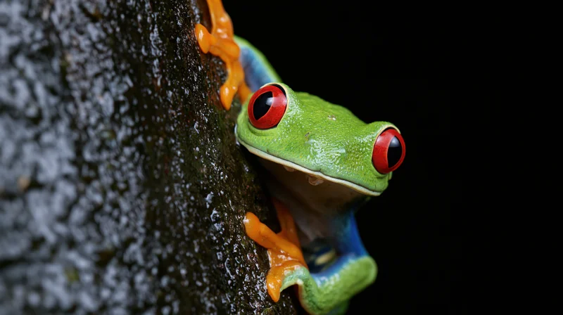 Red-eyed tree frog clinging to wet tree bark in closeup view