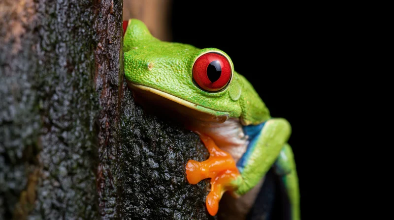 Red-eyed tree frog clinging to dark wet tree trunk in profile closeup