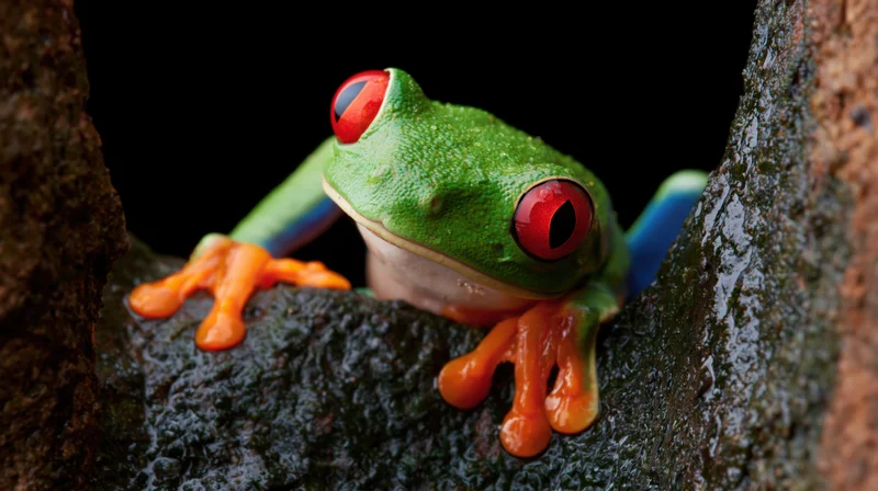 Red-eyed tree frog clinging to wet bark in a dark forest crevice