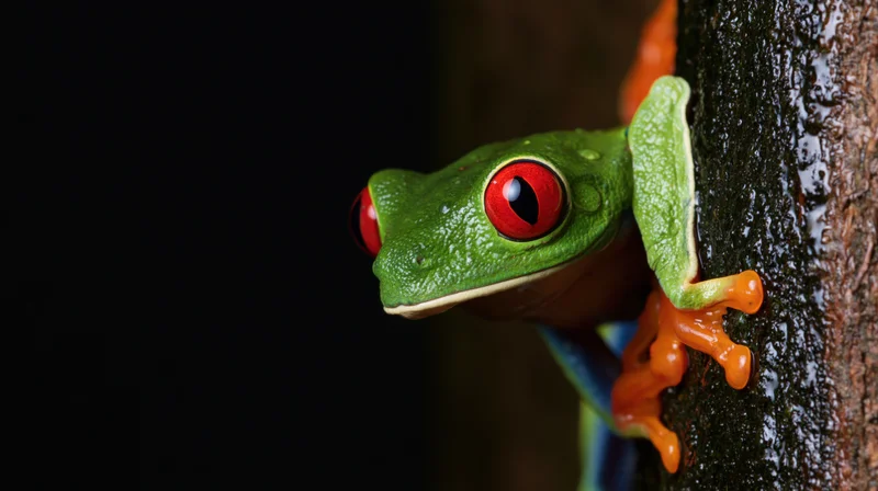 Red-eyed tree frog clinging to wet tree bark in dark forest environment