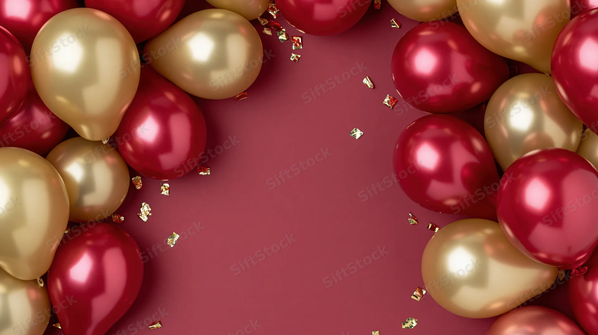 Red and gold metallic balloons arranged in a frame around a central copyspace on a deep red surface with scattered confetti