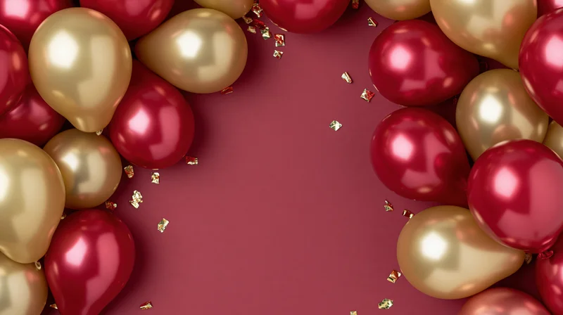 Red and gold metallic balloons arranged in a frame around a central copyspace on a deep red surface with scattered confetti
