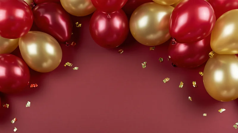 Red and gold metallic balloons clustered along edges with scattered confetti on maroon surface