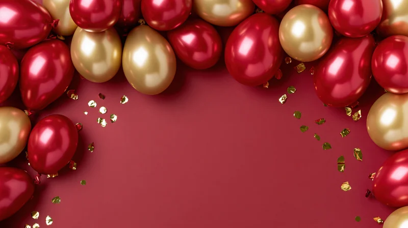 Red and gold helium balloons clustered along both sides