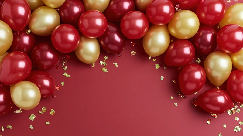 Red and gold metallic balloons clustered along the top and sides of a red surface with scattered gold confetti, leaving copyspace in the center