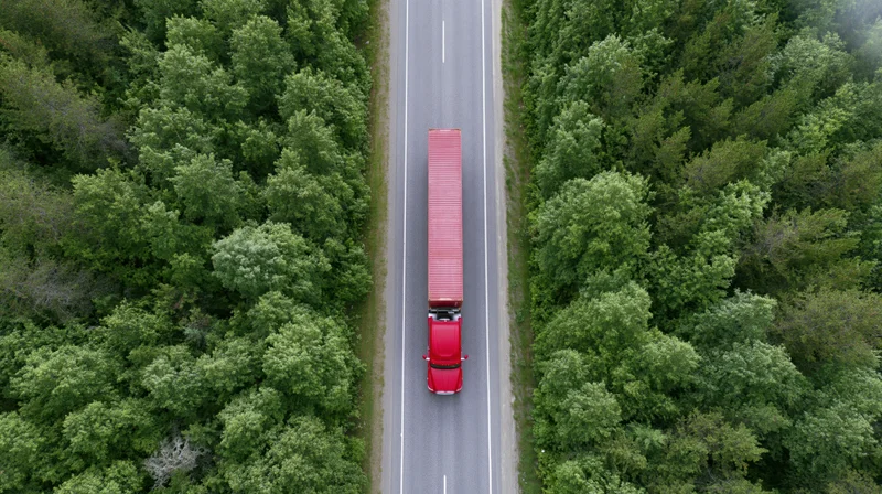Red semi-truck with full trailer driving straight on a two-lane highway through dense green forest, aerial view