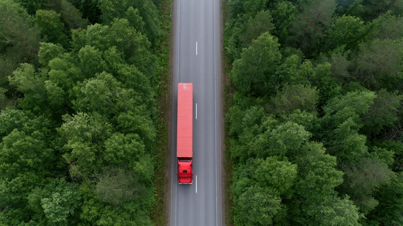 Red semi-truck with full trailer driving straight on a two-lane highway through dense green forest, aerial top-down view