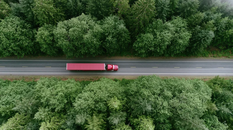 Red semi-truck with full trailer driving along straight highway surrounded by dense green forest, aerial view