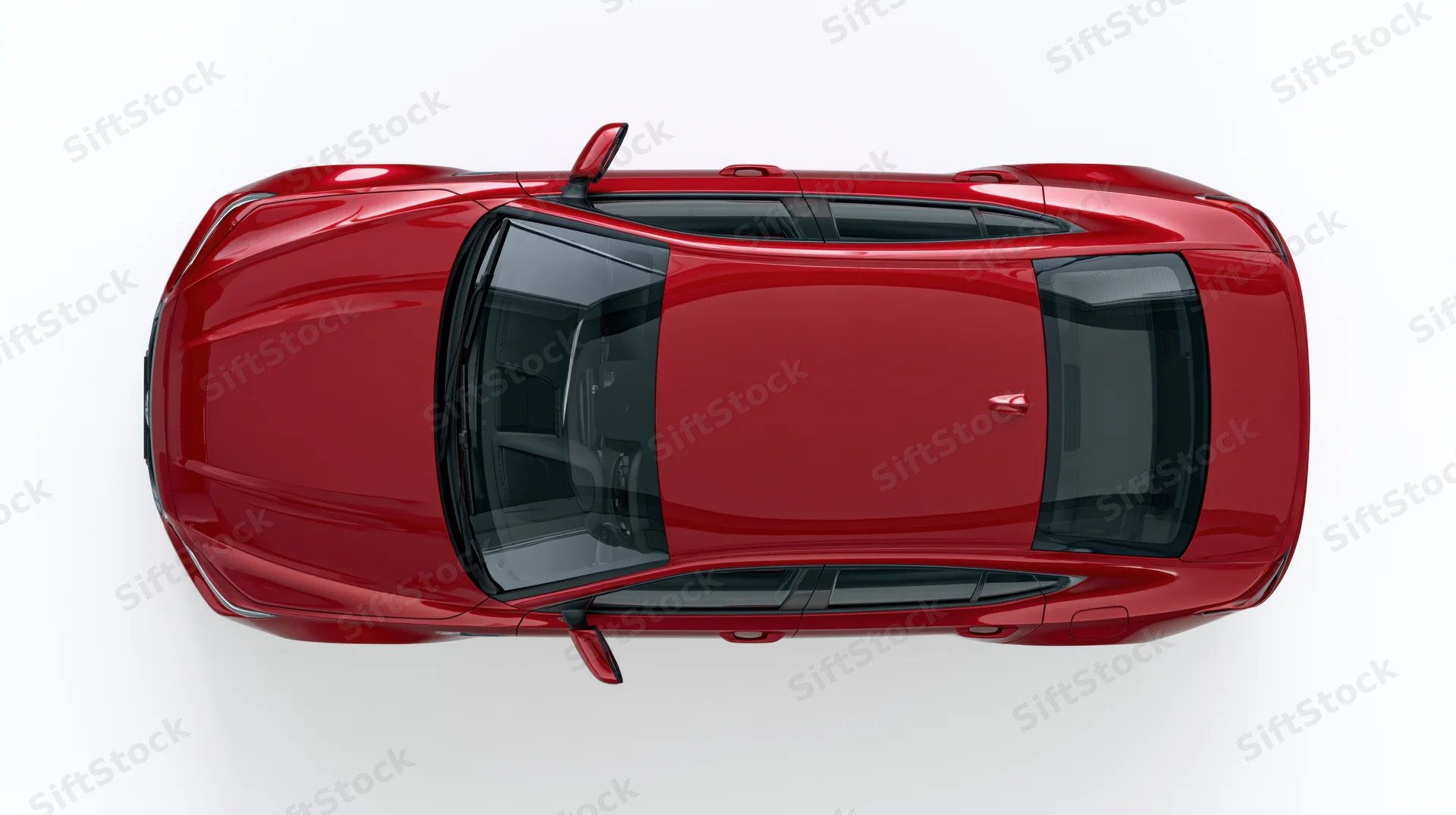 Red sporty coupe sedan viewed from directly overhead against white background