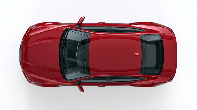 Red sporty coupe sedan viewed from directly overhead against white background