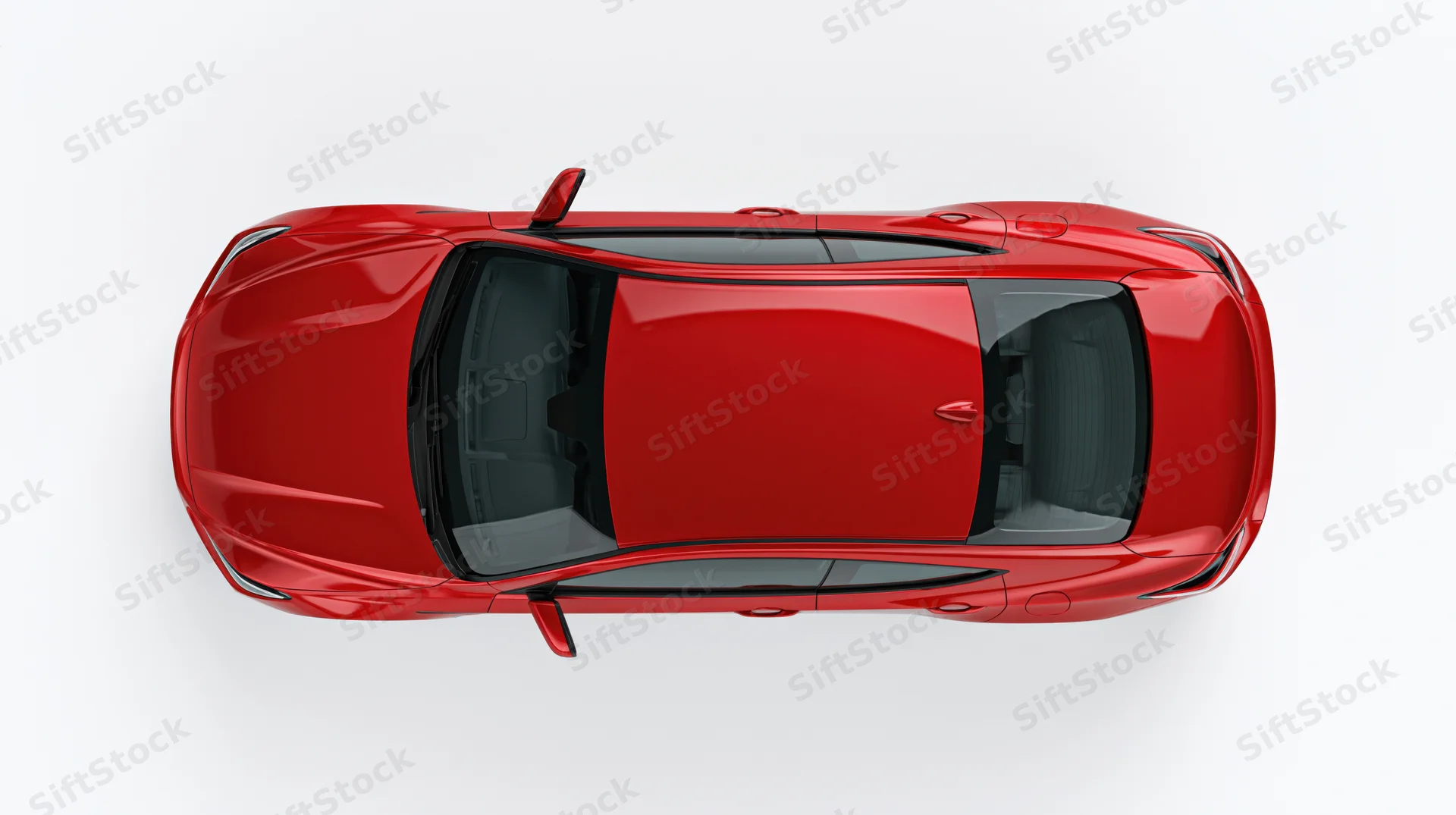 Red sporty coupe sedan viewed from directly overhead against white background