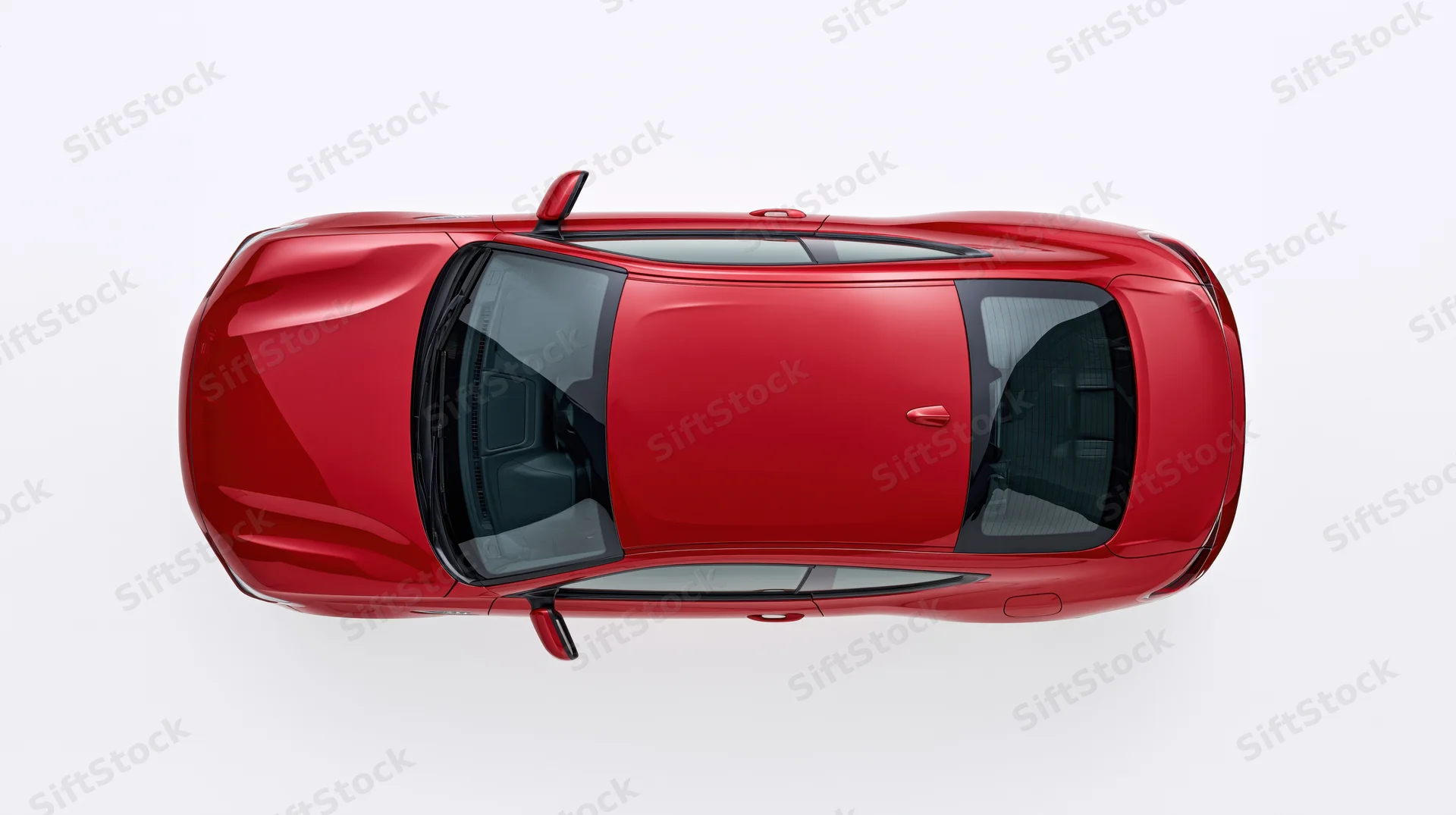 Red sporty coupe sedan viewed from directly overhead against white background