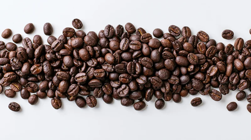 Roasted coffee beans scattered in a horizontal band across a white background