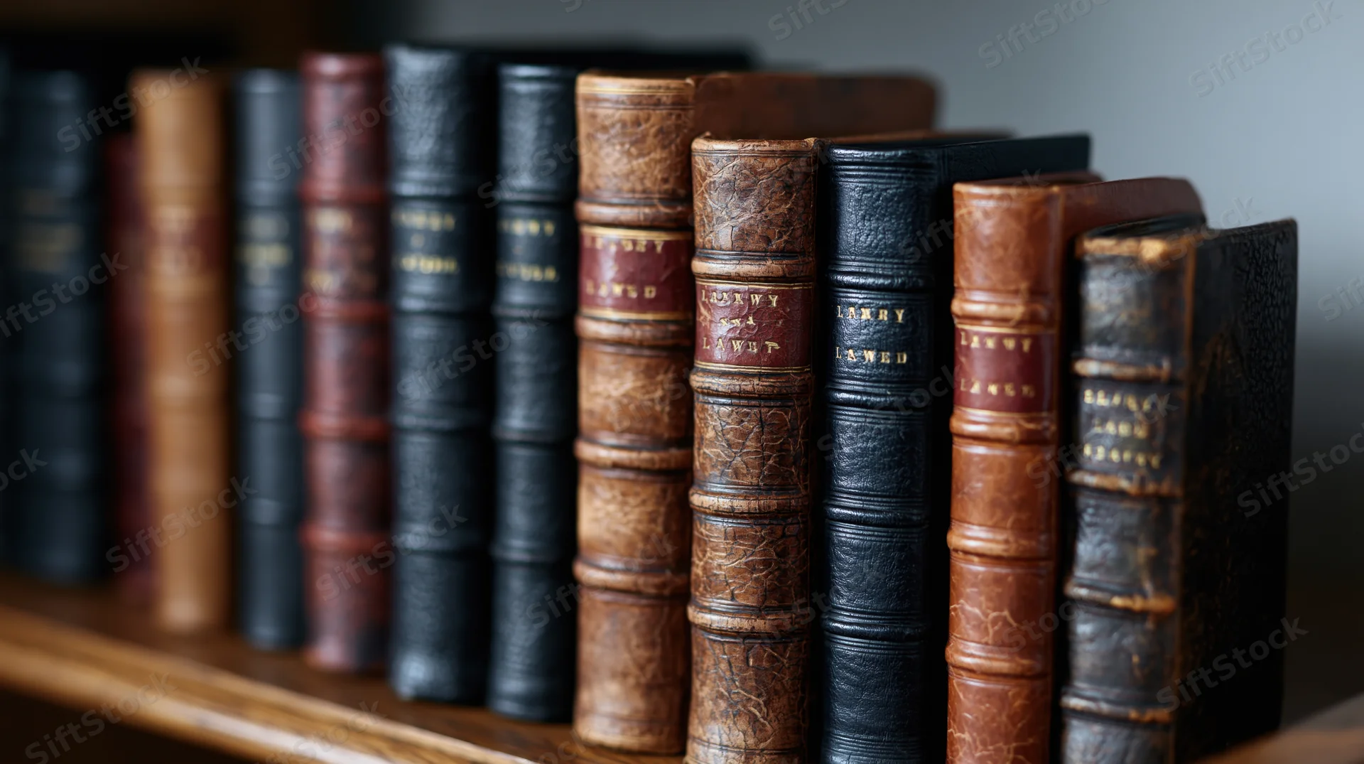 Row of antique law books with leather bindings standing upright on a wooden shelf