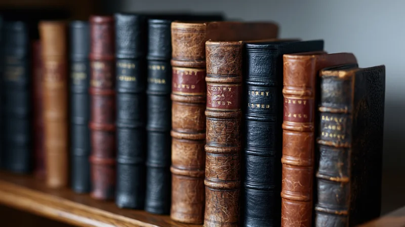 Row of antique law books with leather bindings standing upright on a wooden shelf