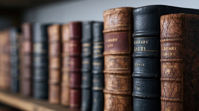 Row of antique law books with leather spines on wooden shelf