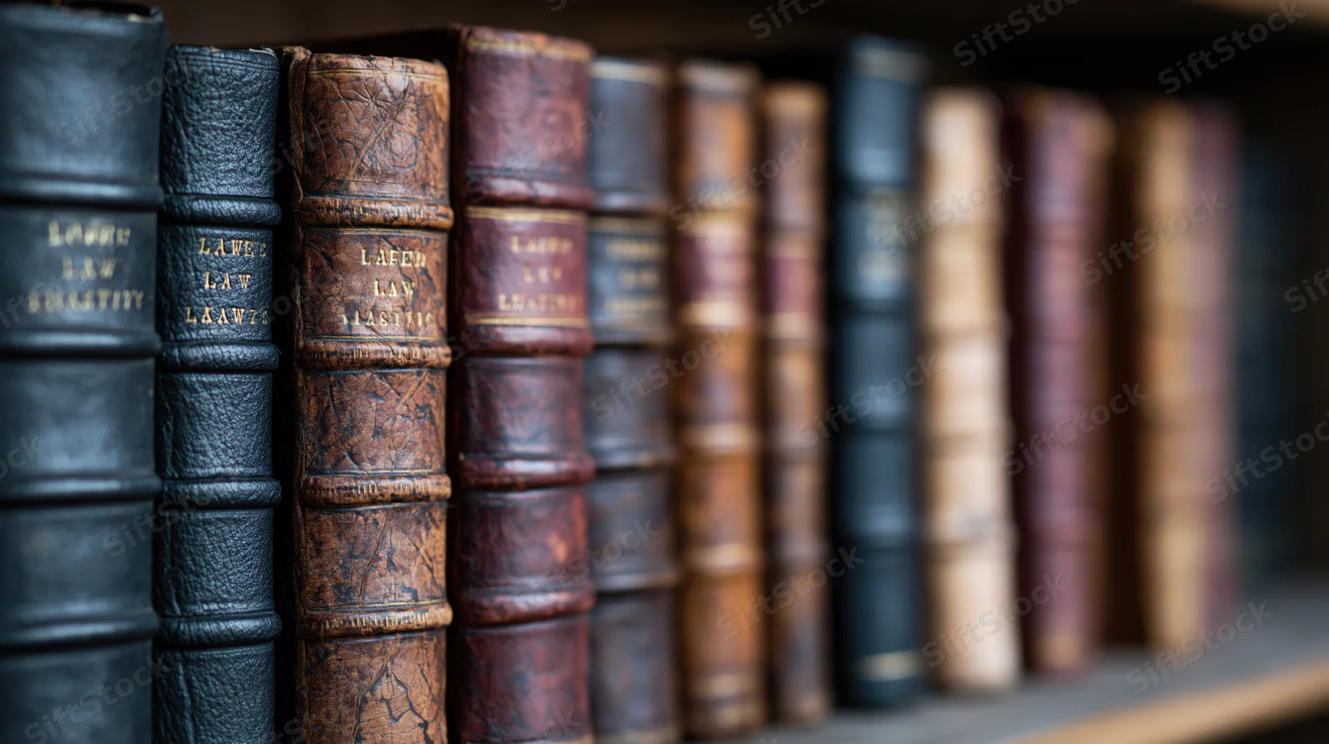 Row of antique law books with leather spines standing upright on a wooden shelf