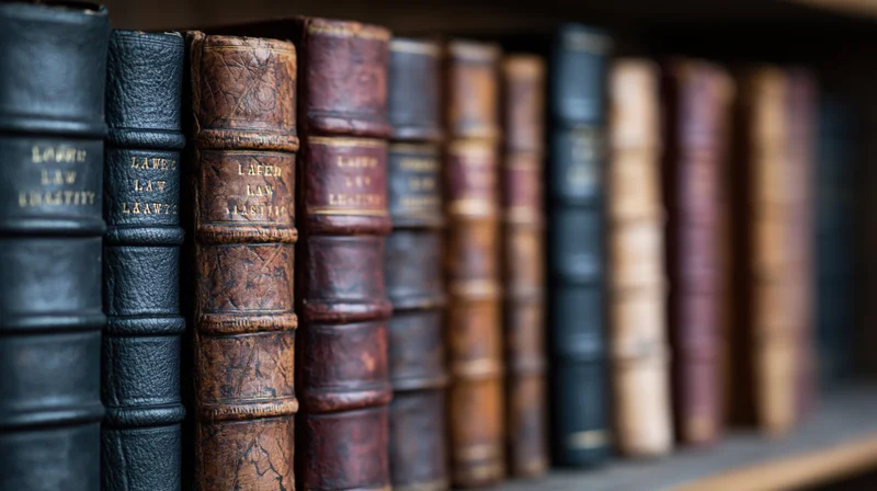 Row of antique law books with leather spines standing upright on a wooden shelf