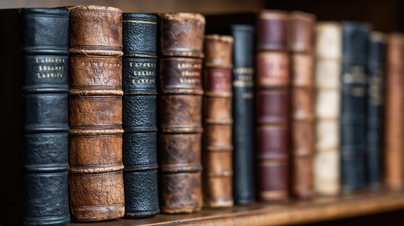 Row of antique law books standing upright on a wooden shelf