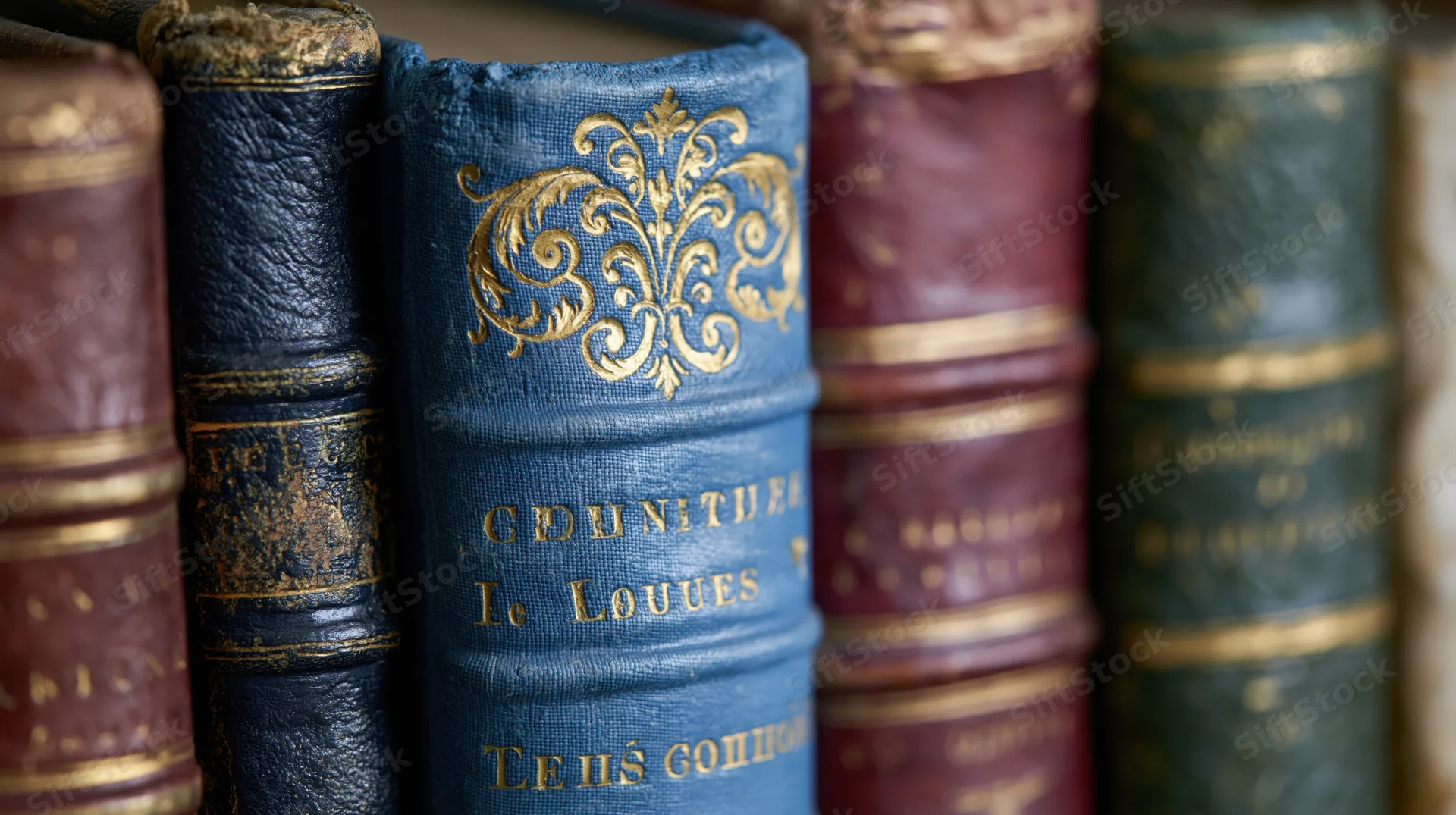 Row of antique leather-bound books standing upright on a shelf with gold-embossed spines and visible titles