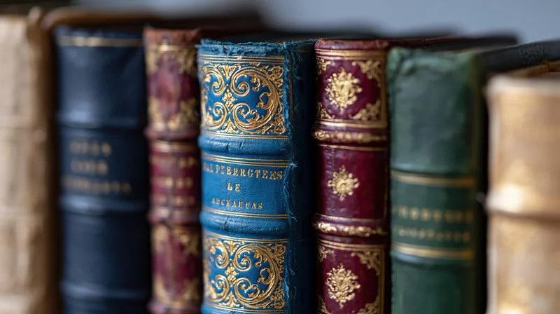 Row of antique leather-bound books standing upright on a shelf, spines showing gold embossing and title lettering