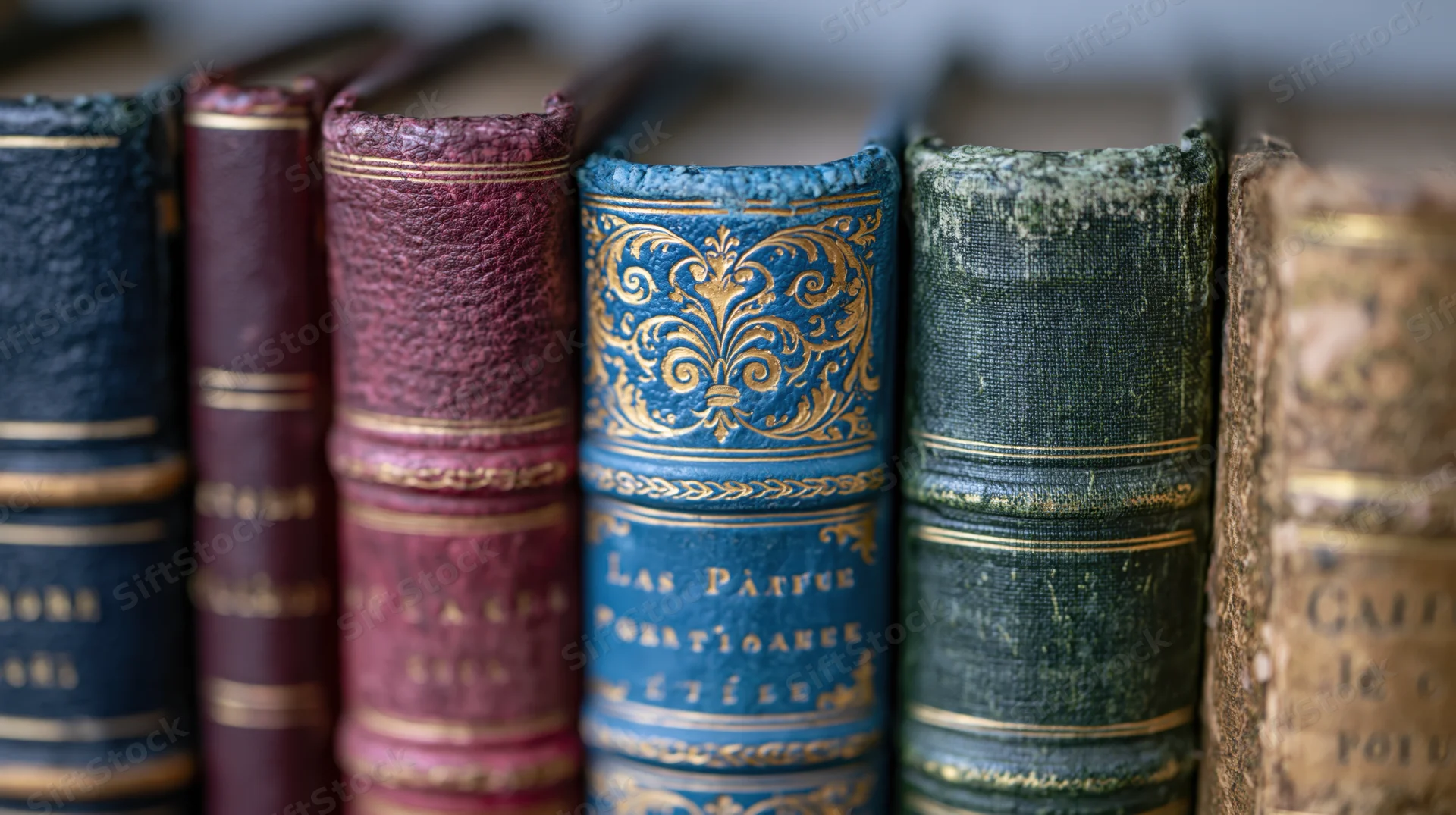 Row of antique leatherbound books standing upright on a shelf, spines showing gold embossing and wear