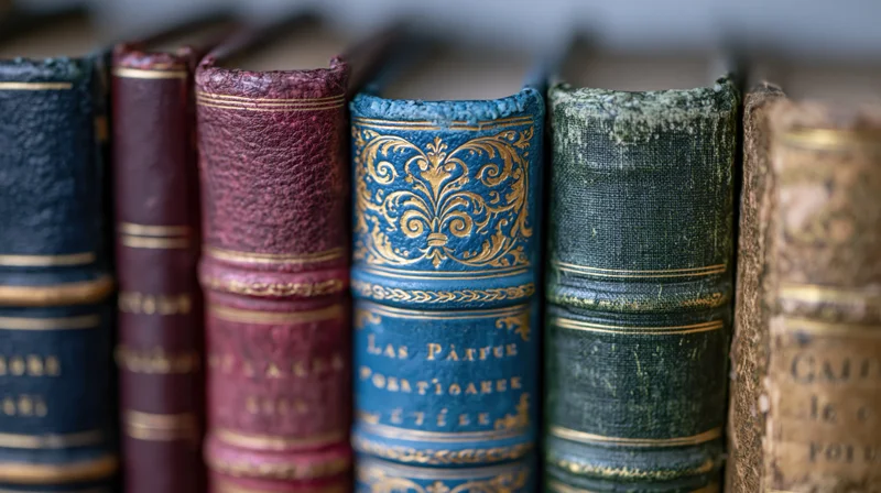Row of antique leatherbound books standing upright on a shelf, spines showing gold embossing and wear