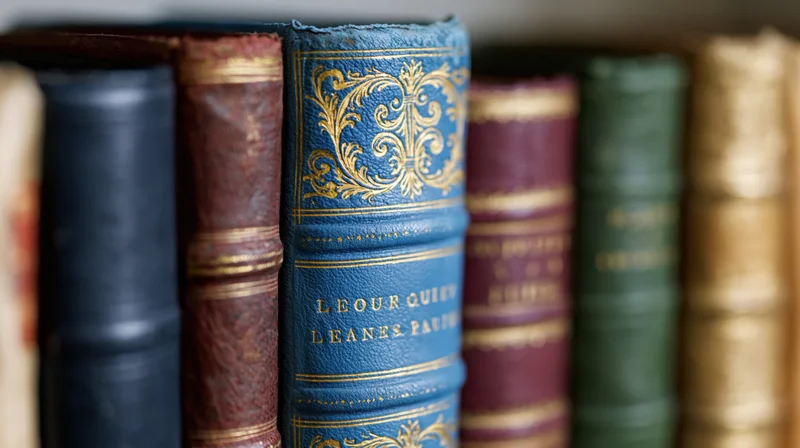 Row of antique leather-bound books standing upright on a shelf, spines showing gold embossing and varied colors
