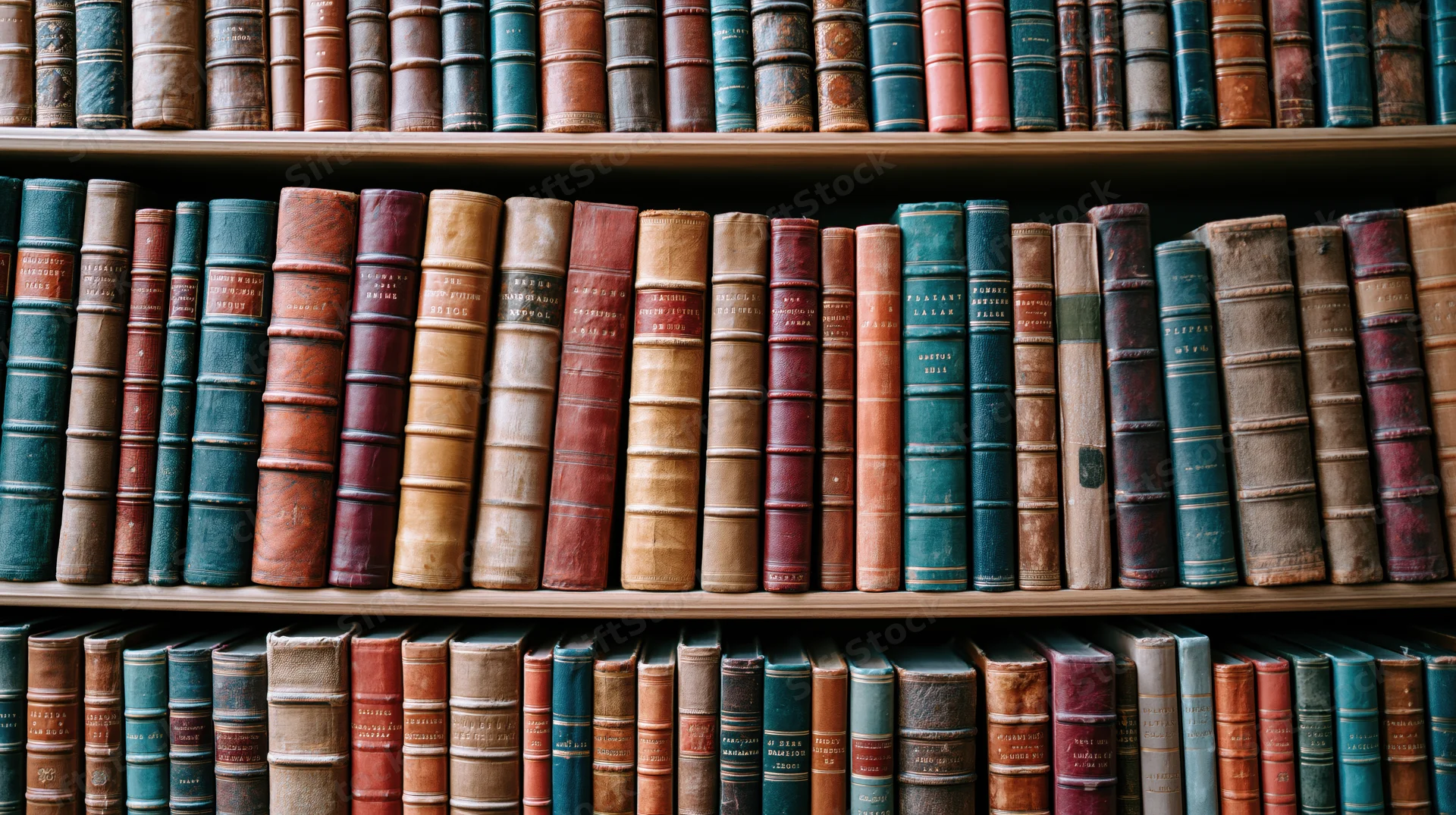 Rows of aged hardcover books tightly packed on wooden library shelves