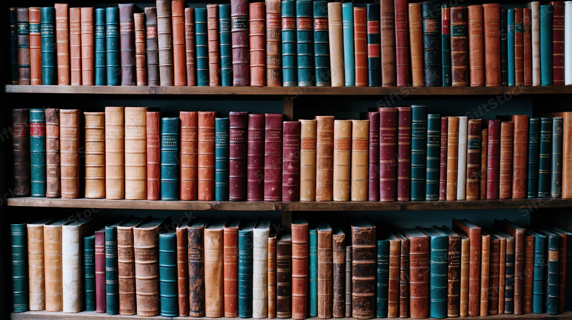 Rows of aged hardcover books tightly packed on wooden library shelves