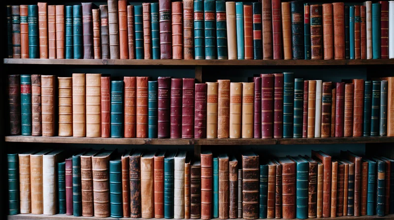 Rows of aged hardcover books tightly packed on wooden library shelves