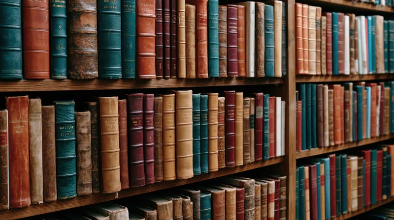 Rows of aged hardcover books tightly packed on wooden library shelves