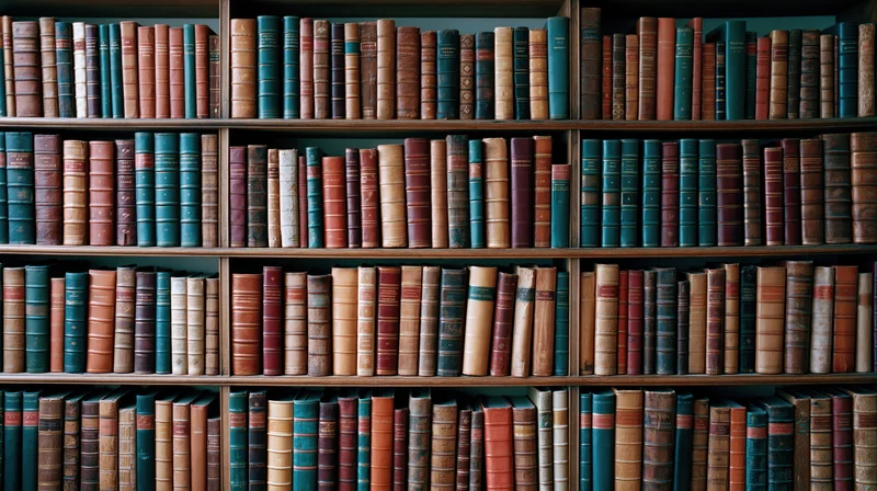 Rows of aged hardcover books tightly packed on wooden library shelves