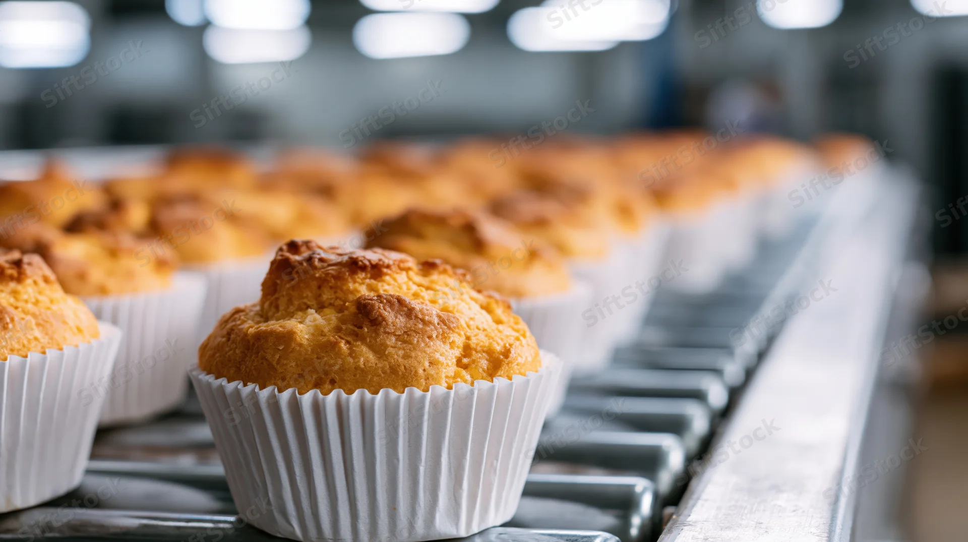 Golden-brown muffins in white paper cups moving along a conveyor belt in a bakery production line