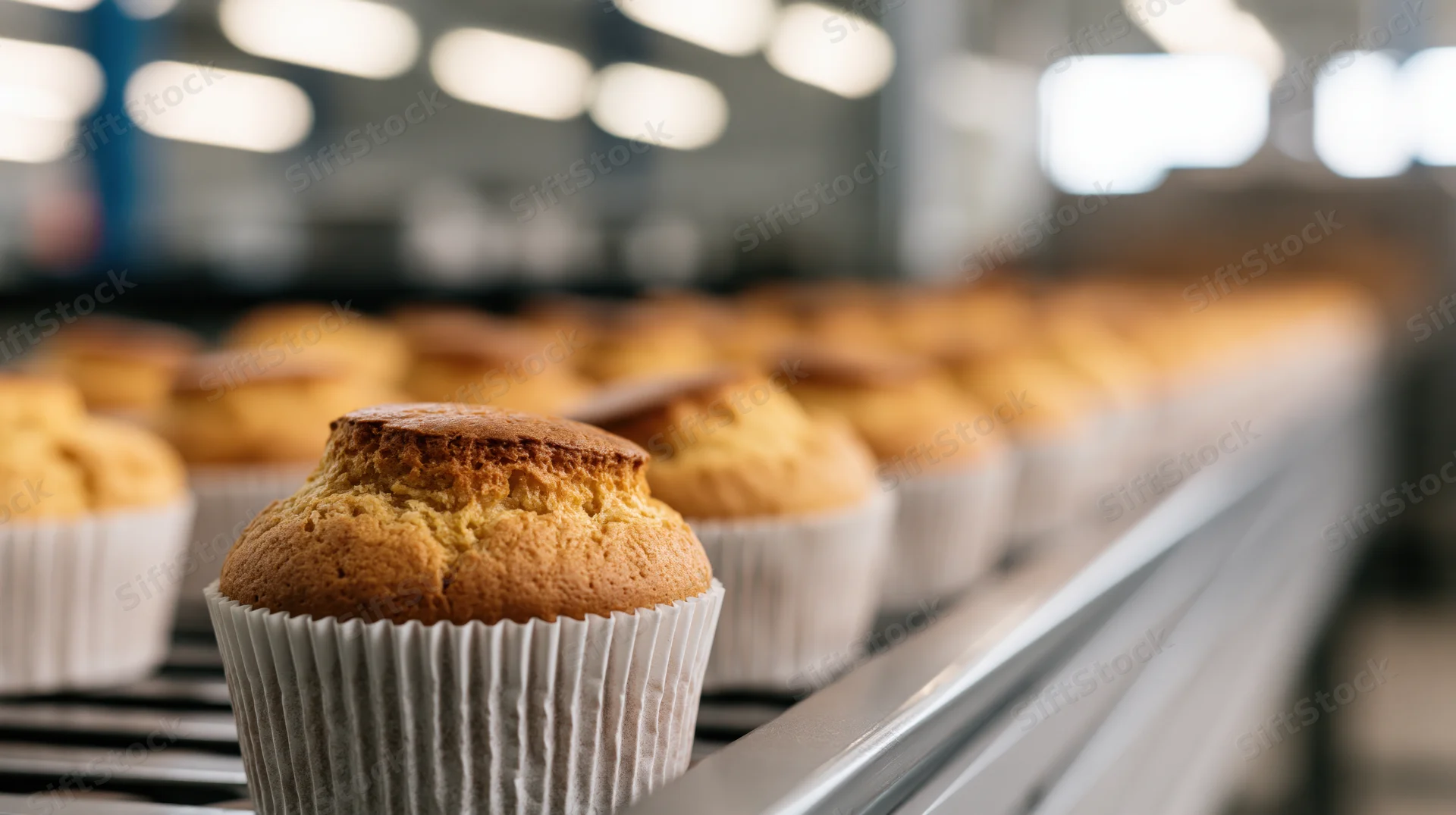 Rows of golden-brown baked muffins in white paper cups moving along a conveyor line in a factory setting